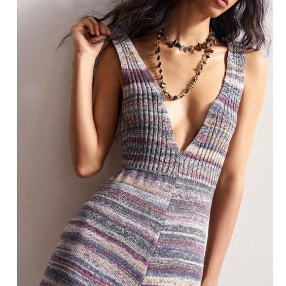 Boho Multicolor Stripes Knit V neck SleeveLess Wide leg Jumpsuit - Picture 3 of 6